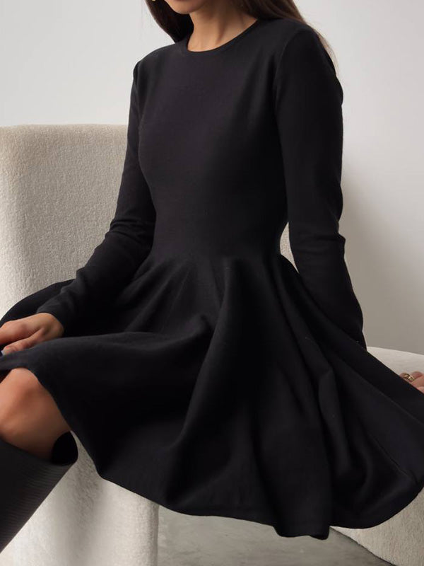 A-line High Waisted No Belt Pleated Color Round-neck Mini Dresses