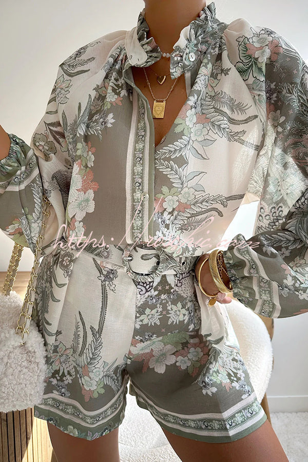 Botanical Print Palace Style Stand-up Collar Lantern Sleeve Loose Top and Shorts Set