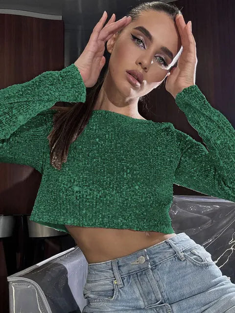 Glitter Sequin Crop Top Female Long Sleeve Outfit T-shirt High Street Sparkle for Y2k Top