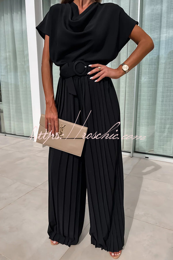 Ivy Cowl Neck Short Sleeve Belt Pleated Loose Wide Leg Jumpsuit