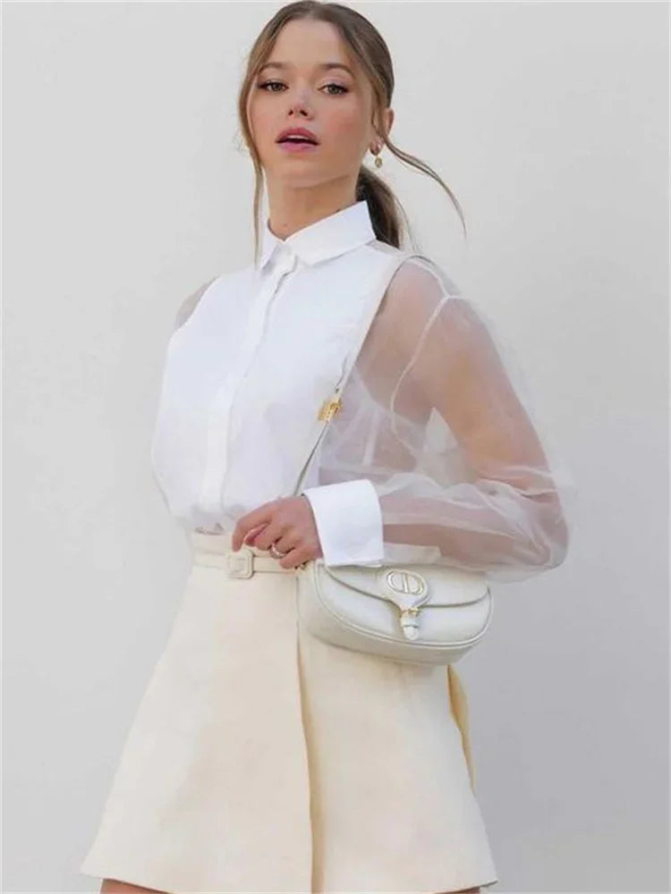Mesh See-through Shirts Patchwork Sheer Lapel Crop Top Long Sleeve High Waist Female Blouse