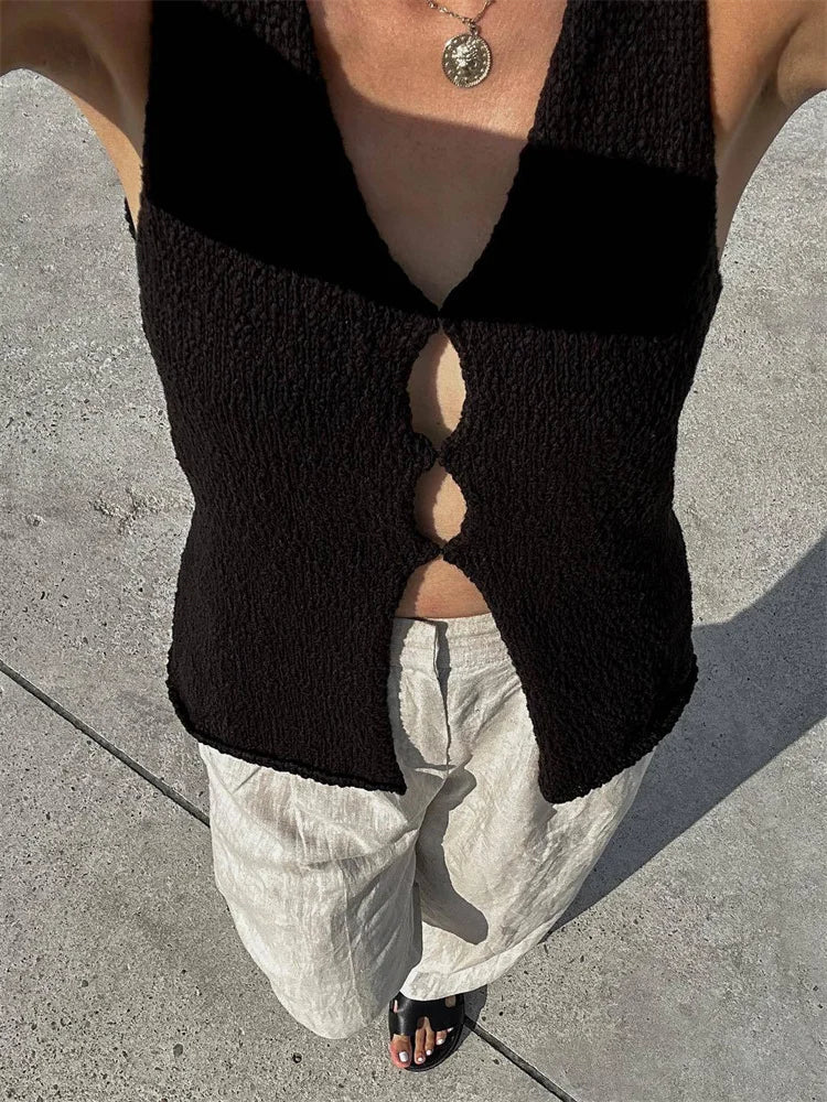 V-neck Sleeveless Knit Cardigan Sweater Hollow Out Female High Street Summer Vest Outfit for Knitwear Crop Top