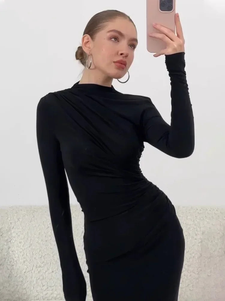 Pleated Autumn Dress Patchwork Long Sleeve Maxi Dress