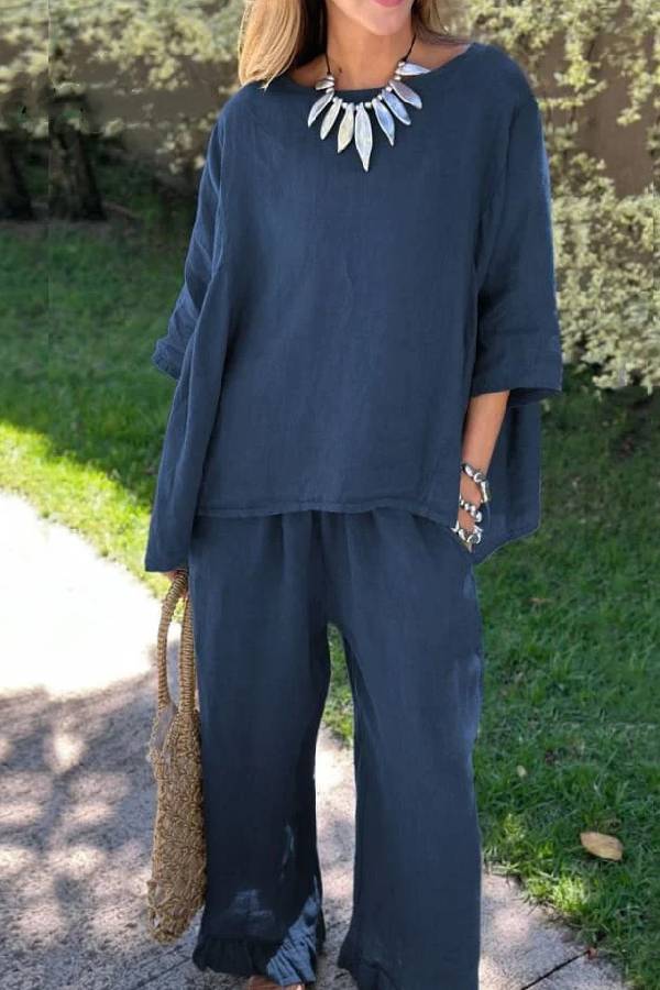 Color Loose Top & Pants Cotton Linen Two-piece Set
