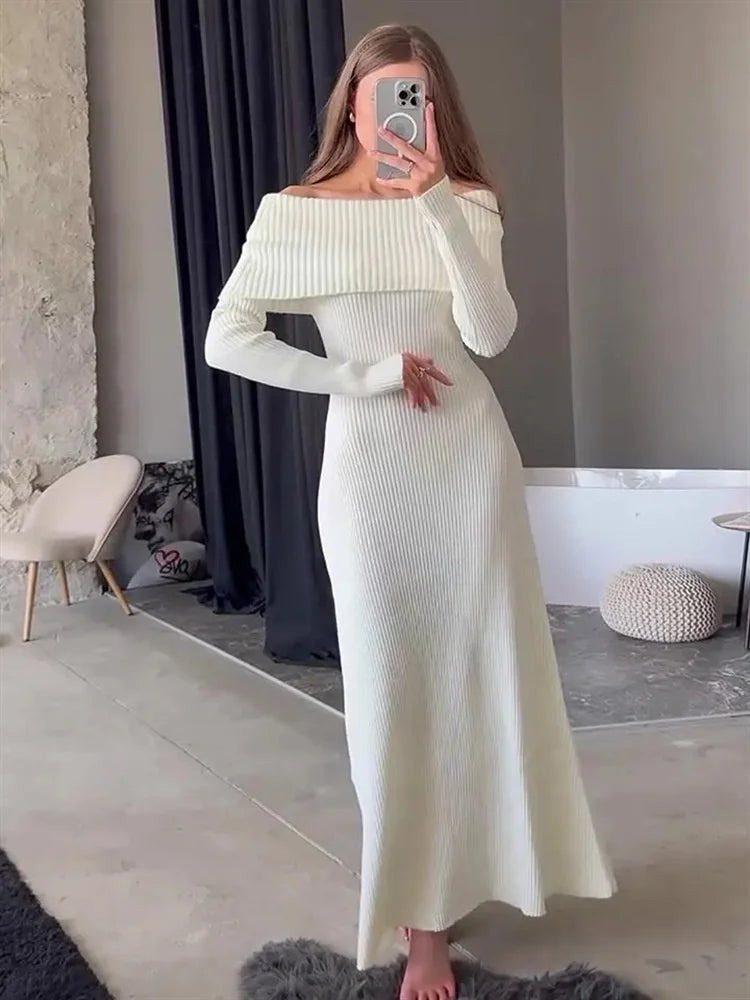 Knit Long Dress Off-shoulder Female Ribbed Loose High Waist Autumn Party Dress Knitwear Maxi Dress