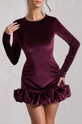 Velvet Round Neck Long Sleeve Ruched Puffy Hem Mini Dresses-purple