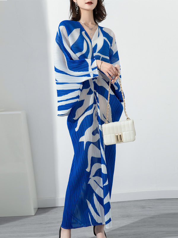 Original Batwing Sleeves Long Sleeves Contrast Color Printed Pleated V-neck Midi Dresses
