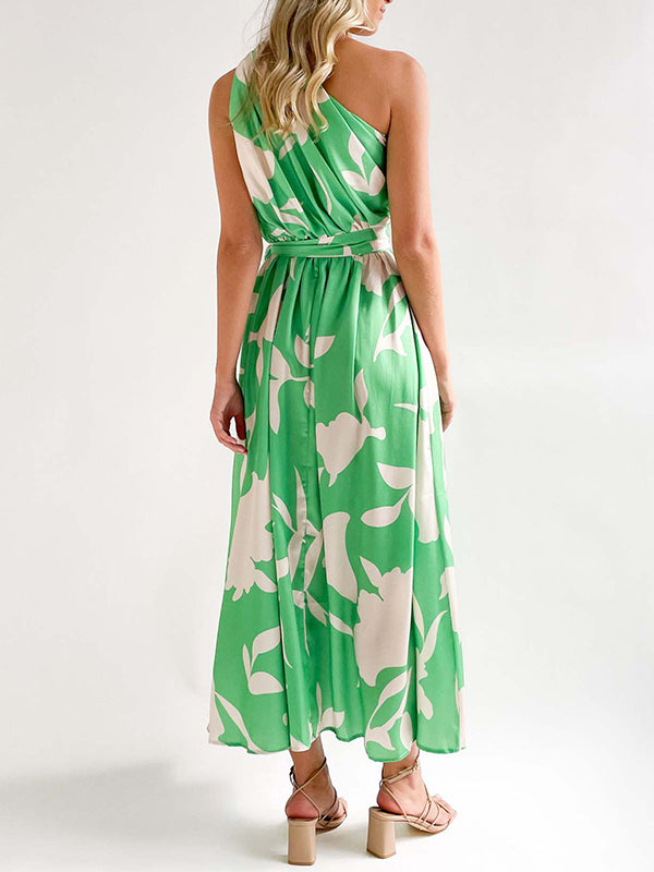 Loose Sleeveless Bandage Contrast Color Hollow Printed One-shoulder Midi Dresses