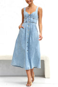 Spring Fling Washed Denim Button Pocket Back Smocked Midi Dress