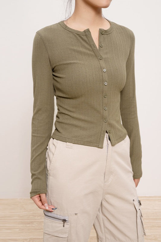 Lightweight Long-sleeve Ribbed Slim-fit Single-row Button Knit Cardigan