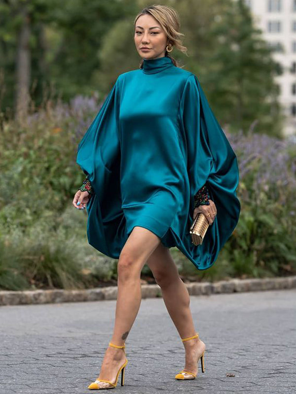 Going Out Loose Batwing Sleeves Buttoned Color Mini Dresses
