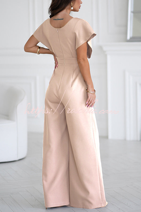 Color V-neck Waist Wide-leg Jumpsuit