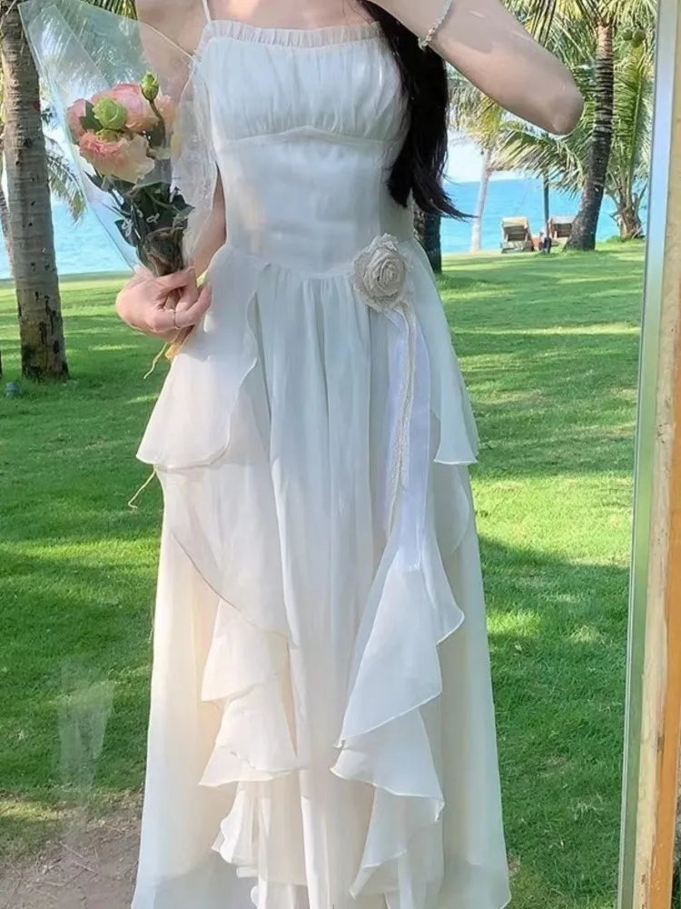 Irregular Ruffles Midi Dress New Summer Spaghetti Strap Beach Vocation Korean Female Vestidos