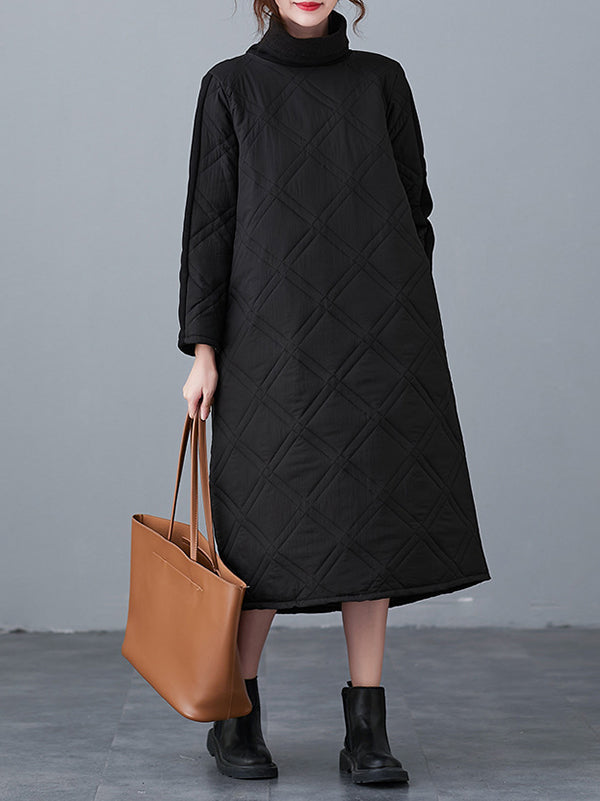 A-line Long Sleeves Color High-neck Midi Dresses