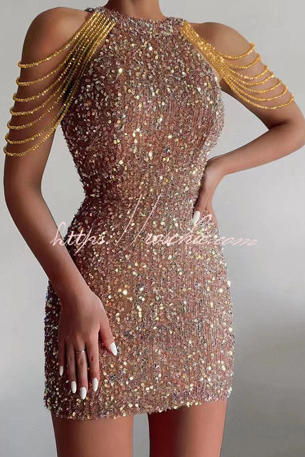 Looking at the Glamorous View Sequin Tassel Shoulder Cocktail Mini Dress