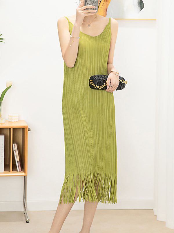 Loose Sleeveless Pleated Color Tasseled Spaghetti-neck Midi Dresses