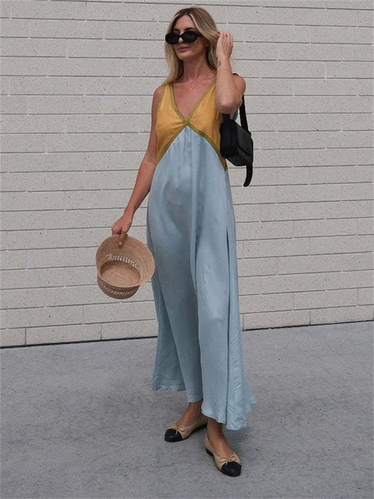 Patchwork V-neck Strapless Maxi Dress – Sleeveless Spring Party Dress