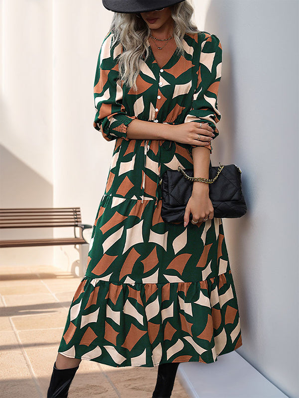 A-line Long Sleeves Buttoned Elasticity Pleated Printed Split-joint Tied Waist V-neck Midi Dresses