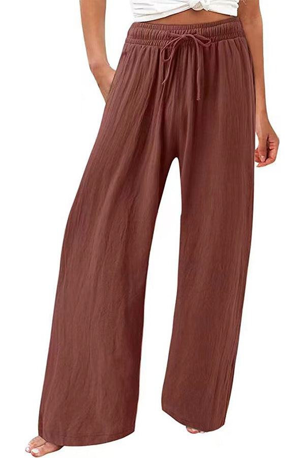 Cotton Linen Wide-leg Drawstring Beach Pants Pants