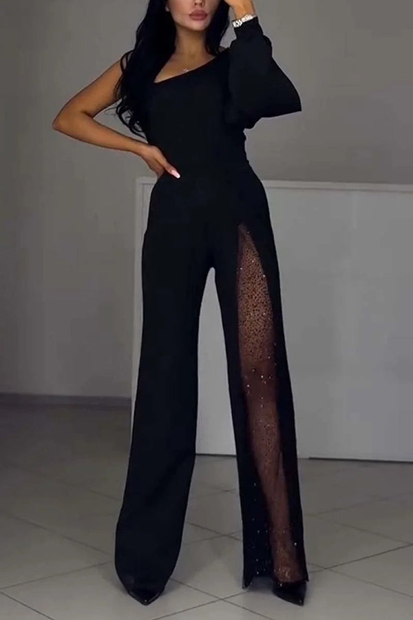 Fashionable Oblique Shoulder One-sleeve High Slit Slim Jumpsuit