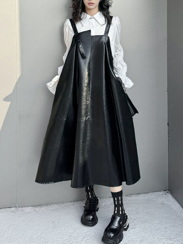 A-line Loose Asymmetric Pleated Color Split-joint Square-neck Midi Dresses Slip Dress