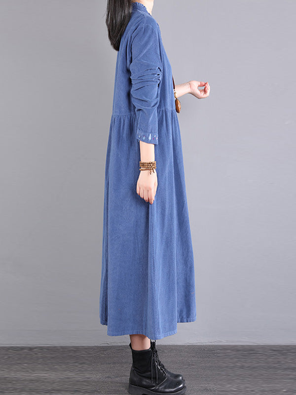 Corduroy Long Sleeves A-line Embroidered Round-neck Midi Dresses