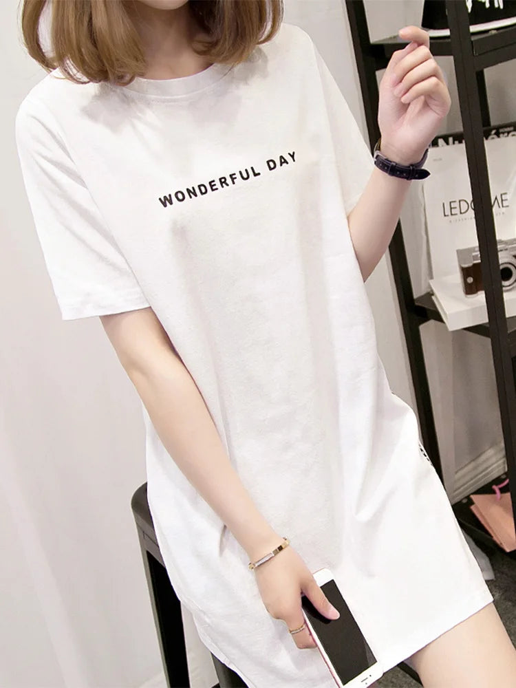 Wonderful Day Print Long T Shirts Summer Loose Slit Femme Tops Cotton Tshirt Short Sleeve T-shirt