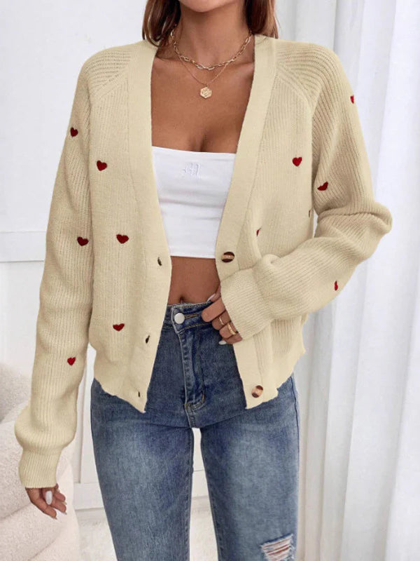 Heart Embroidery V-neck Knit Cardigan
