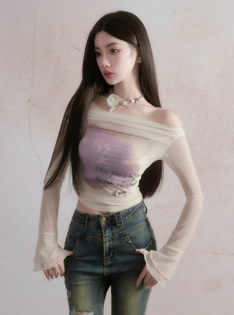 Ethereal Off-shoulder Crop Top - Sheer Long Bell Sleeve Blouse With Ribbon Tie and Watercolor Print