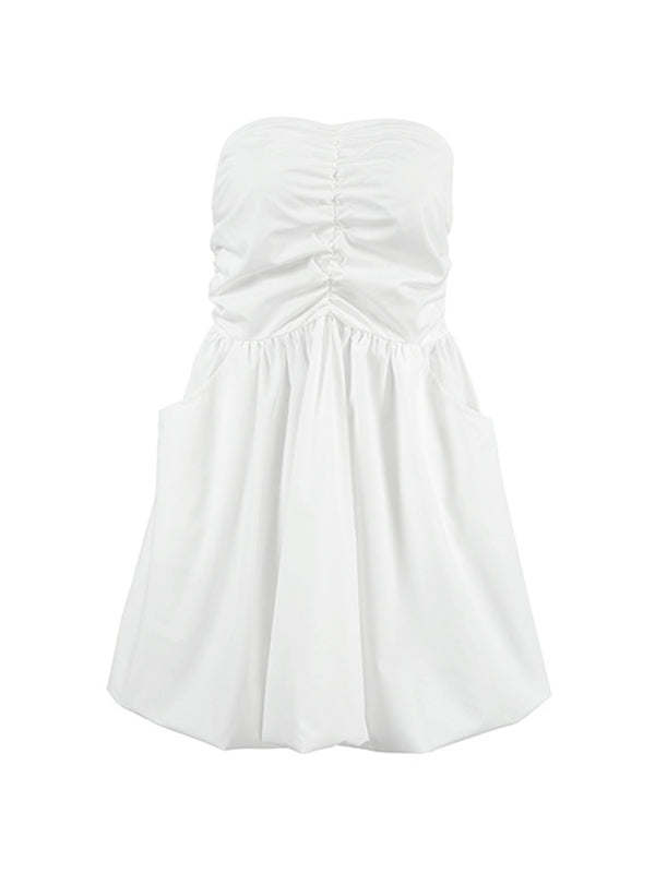 A-line High Waisted Elasticity Pleated Pockets Color Tube Mini Dresses