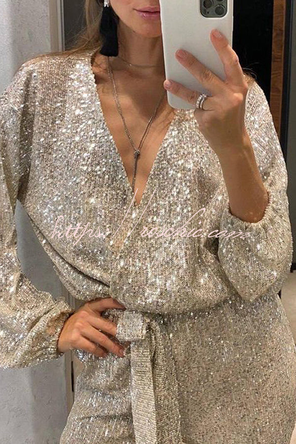 Cheers to You Sequin Long Sleeve Belted Wrap Loose Jumpsuit