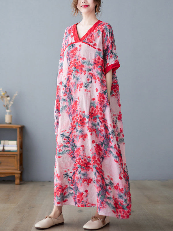 Loose Artistic Retro Printed Split-joint V-neck Midi Dress