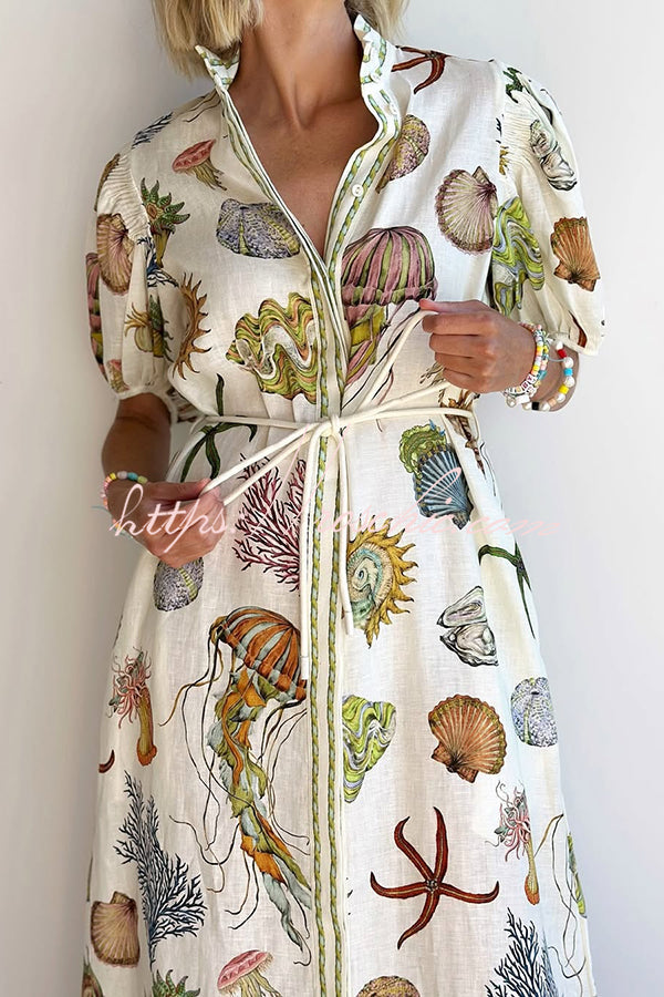 Beach Shell Print Puff Sleeve Tie-waist Midi Dress