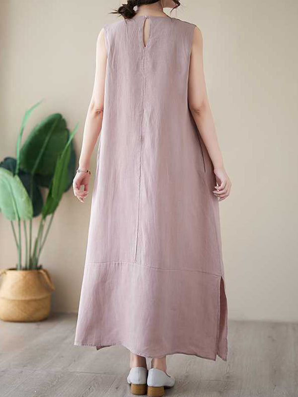 A-line Loose Color Round-neck Midi Dresses