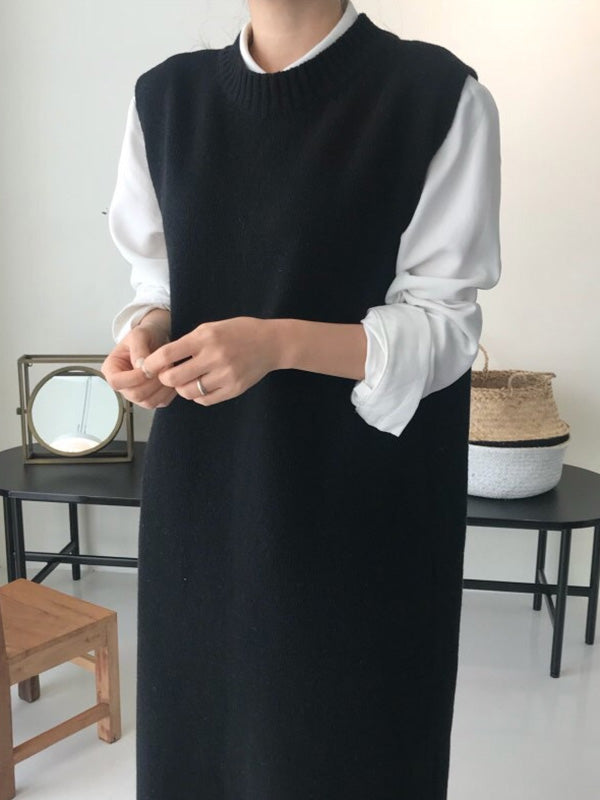 Urban Loose Sleeveless Color Round-neck Midi Dresses Sweater Dresses