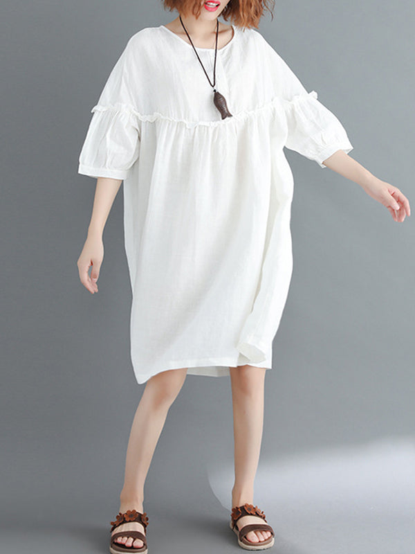 Artistic Retro Loose Falbala Color Pleated Midi Dress
