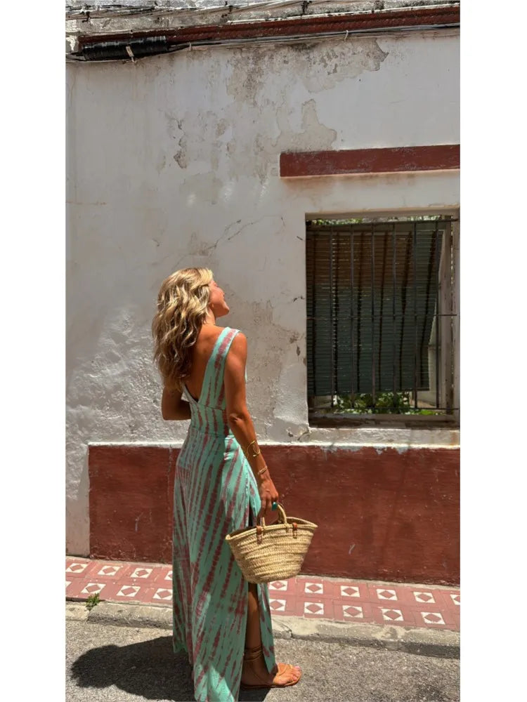 Print Slim Sleeveless Long Dresses V-neck Hollow Out Backless Bodycon Package Hip Slit Dress Vacation Vestido