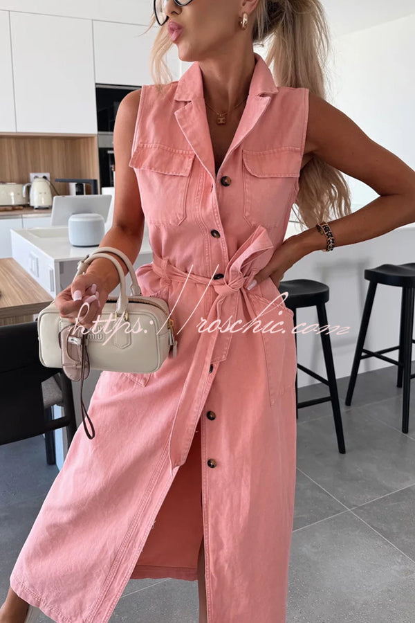 Color Sleeveless Single Breasted Waist Tie Pocket Denim Midi Dress