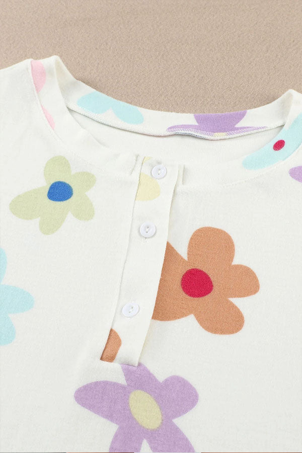 White Print Henley Top \u0026 Drawstring Shorts Loungewear Set