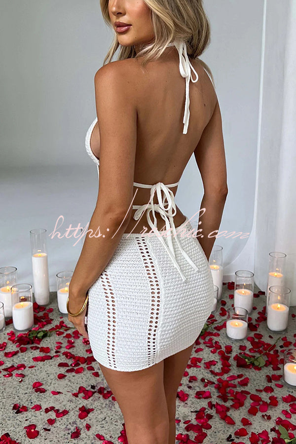 Effortlessly Cool and Knit Crochet Cutout Halter Tie-up Stretch Mini Dress