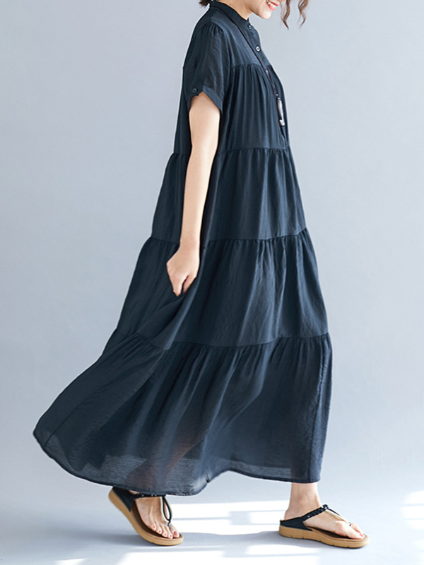 Loose Split-joint Pleated Short Sleeves Round-neck Midi Dress