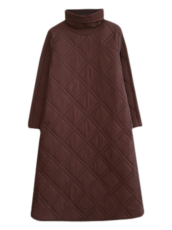 A-line Long Sleeves Color High-neck Midi Dresses