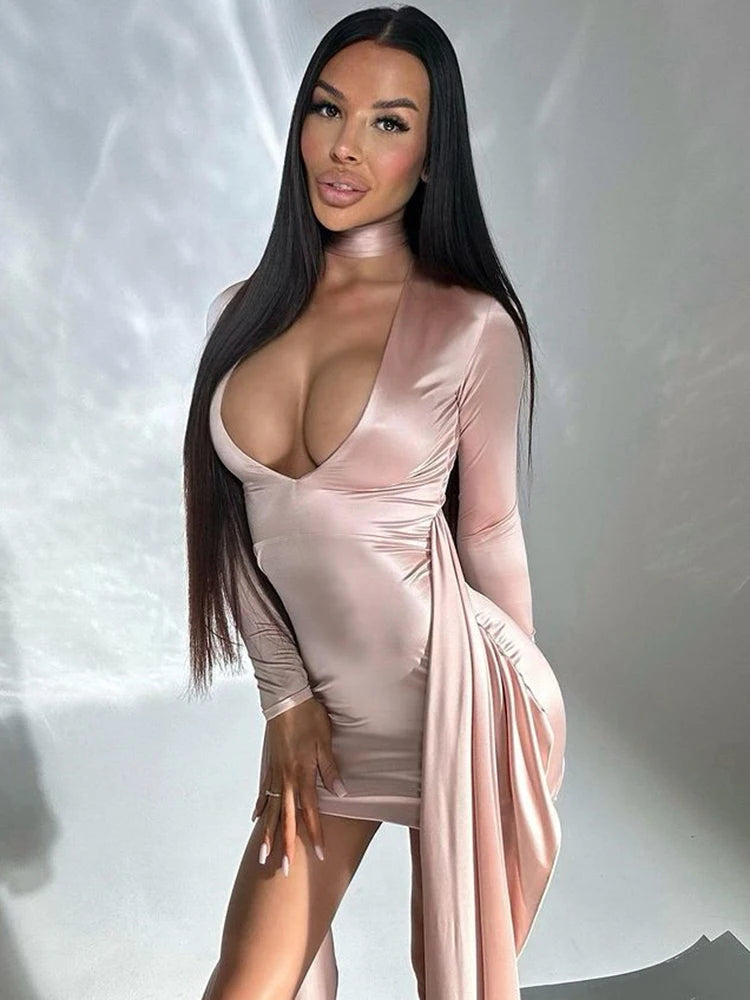 Irregular Mini Dress for Low Cut Long Sleeve Ruched Bodycon Dress Femme Club Party Dress New