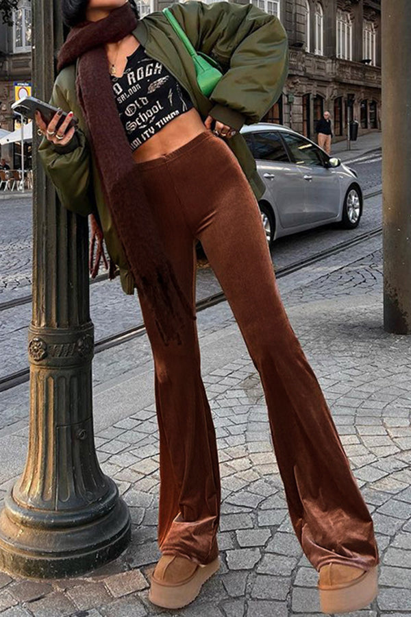 Color Velvet Elastic High Waist Slim Bootcut Pants for Pants