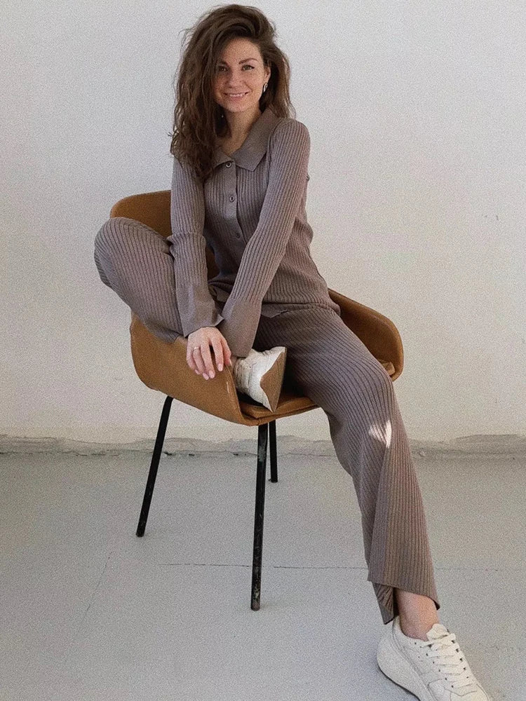 Ol Homewear Leisure Knitted Suit Autumn Long Sleeve Shirts and Wide Legs Pants Suit Two Piece Sets Outfits