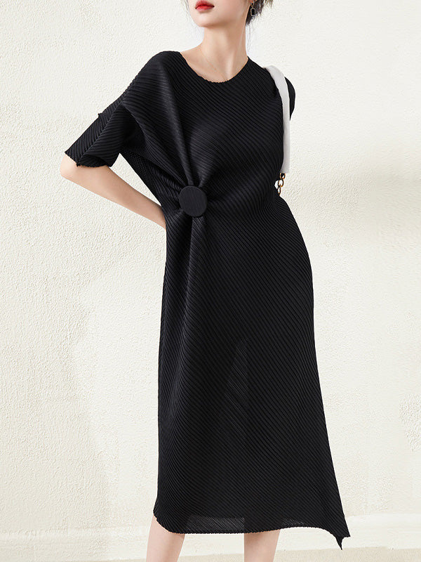 Stylish Irregularity Loose Pleated Color Round-neck Midi Dresses