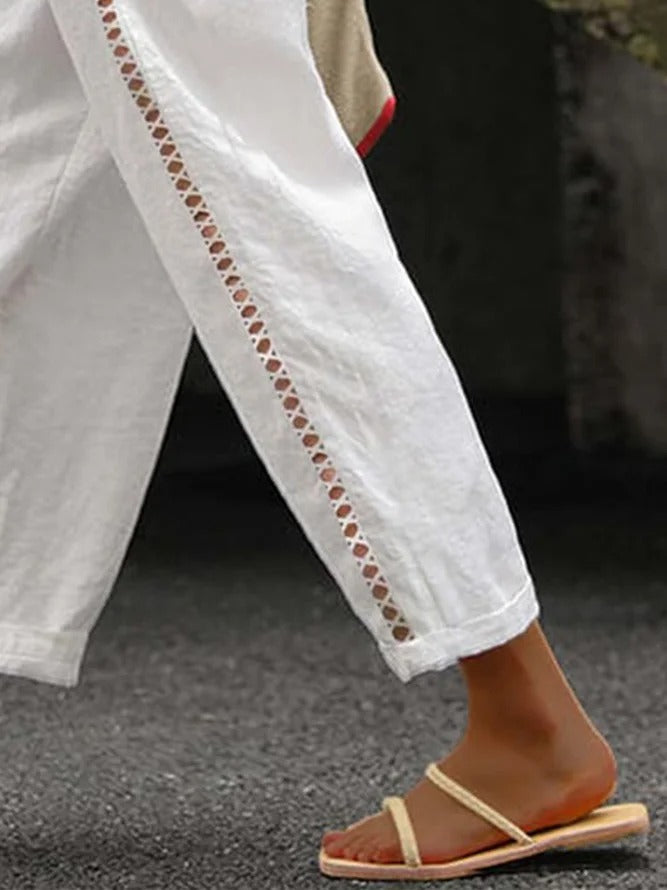 Loose Hollow Out Lace Pockets Drawstring Waist Plain Linen Pants