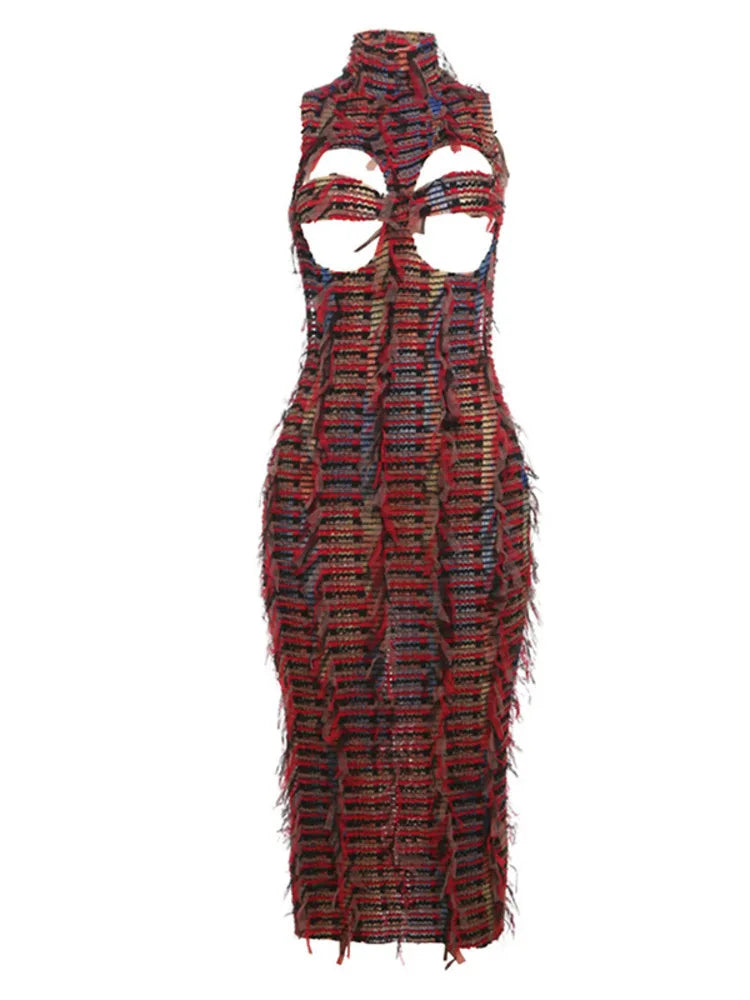 Sleeveless Hollow Out Bodycon Long Dress for New High Neck Street High Waist Slim Vestidos