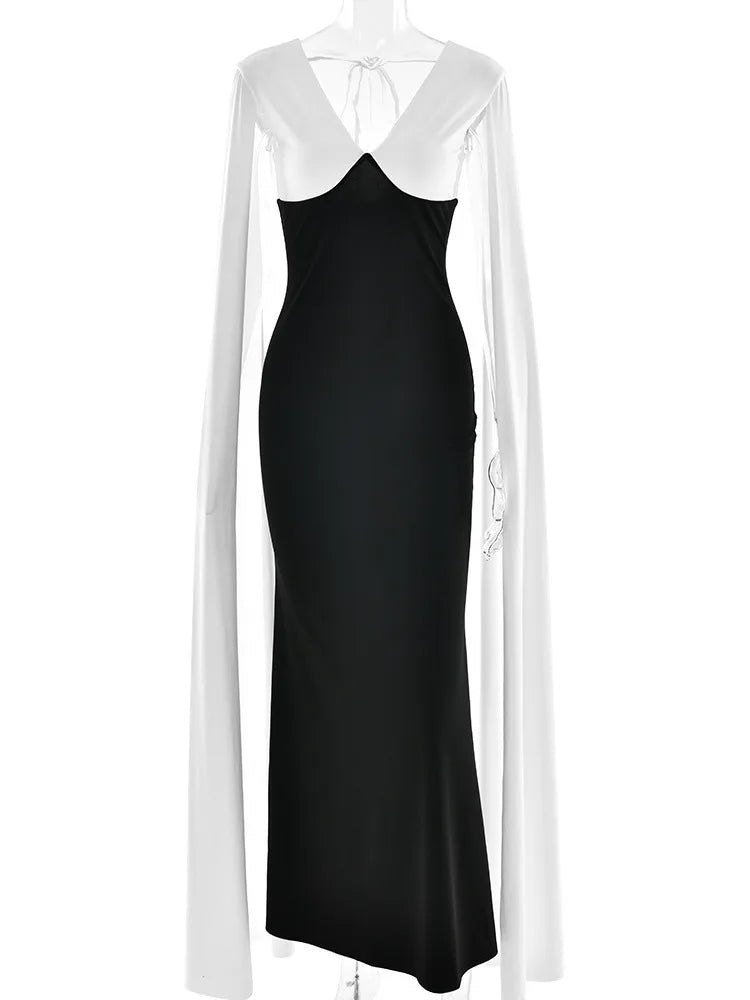 Patchwork Sleeveless Ribbon Bodycon Party Evening Dress Winter V-neck Tight Long Dress Vestido