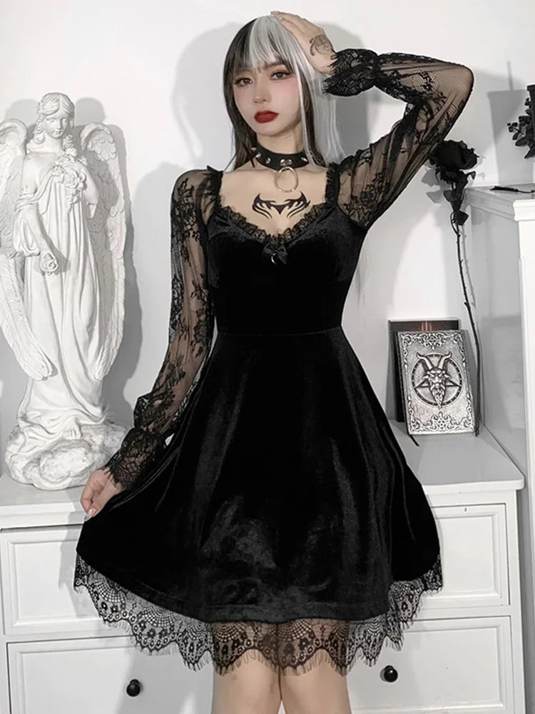 Gothic Lolita Girl Lace Trim Velvet A-line Dress Perspective Long Sleeve V Neck Slim Mini Dress Cosplay Party Costume